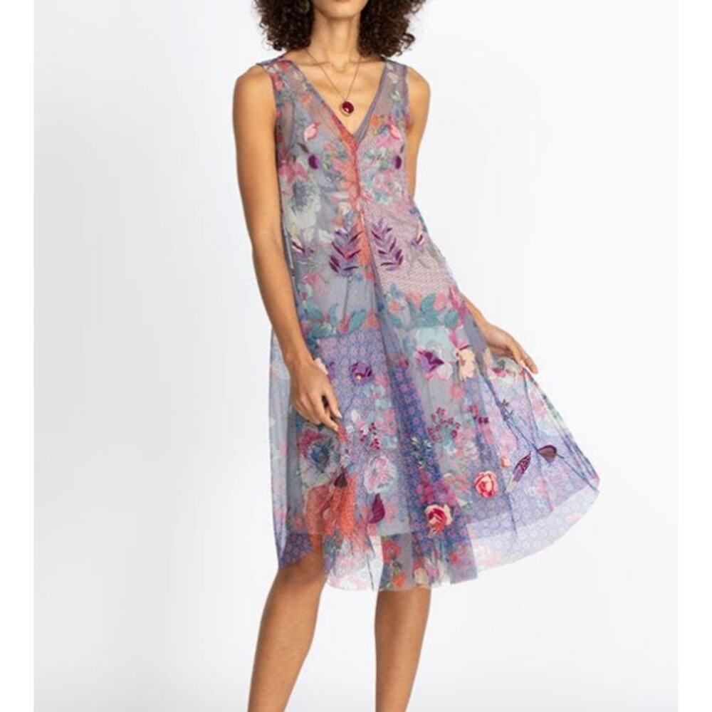 BIYA Johnny Was Arlette Mesh Dress w Slip Embroidered Size XL Midi Floral - Picture 4 of 14